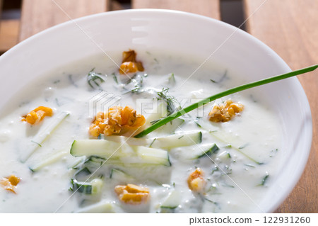 Bulgarian chilled soup Tarator in white plate 122931260