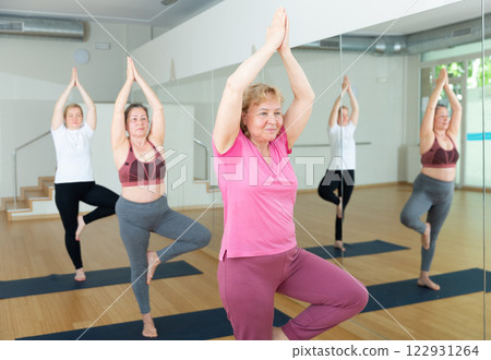 Fitness, sport and healthy lifestyle concept: woman doing yoga yoga pose - vrikshasana pose on mat Fitness, sport and healthy lifestyle concept: woman doing yoga yoga pose - vrikshasana pose on mat 122931264