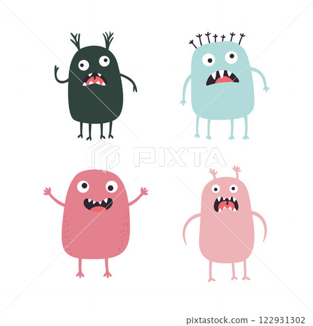 Set of Colorful Cute Crazy Ugly Monster Mascot Cartoon Character with Humor Happy Expression 122931302