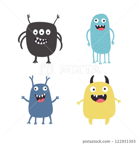 Set of Colorful Cute Crazy Ugly Monster Mascot Cartoon Character with Humor Happy Expression 122931303