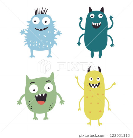 Set of Colorful Cute Crazy Ugly Monster Mascot Cartoon Character with Humor Happy Expression 122931313