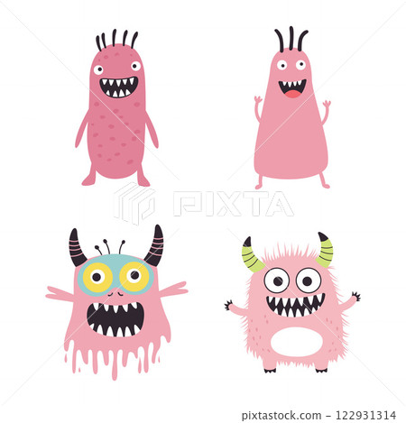 Set of Pink Cute Crazy Ugly Monster Mascot Cartoon Character with Humor Happy Expression Set of Pink Cute Crazy Ugly Monster Mascot Cartoon Character with Humor Happy Expression 122931314