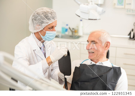 Adult male dentist showing result to male patient Adult male dentist showing result to male patient 122931345