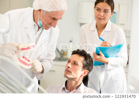 Elderly male dentist and nurse show model of teeth to patient Elderly male dentist and nurse show model of teeth to patient 122931470