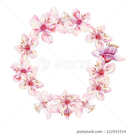 Wreath with sakura flowers on a white background. Spring blooming cherry blossom flowers for Hanami festival. Delicate shades of pink, lilac, lilac, purple petals. Watercolor template for card, poster Wreath with sakura flowers on a white background. Spring blooming cherry blossom flowers for Hanami festival. Delicate shades of pink, lilac, lilac, purple petals. Watercolor template for card, poster 122931524