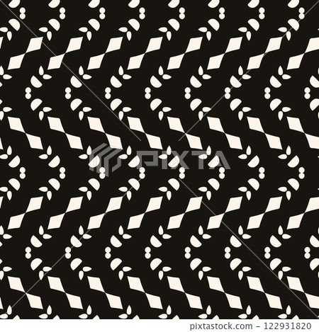 Vector black and white floral seamless pattern. Abstract minimal geometric ornament with flowers in oriental style. Simple monochrome background. 122931820