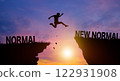 Silhouette man jumping over New Normal wording on cliffs with cloud sky and sunrise. New Normal and Freedom challenge Concept. 122931908
