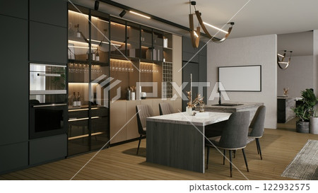 Modern kitchen featuring sleek cabinetry, elegant lighting, and a spacious dining area, combining functionality with contemporary design. 3d rendering. 122932575