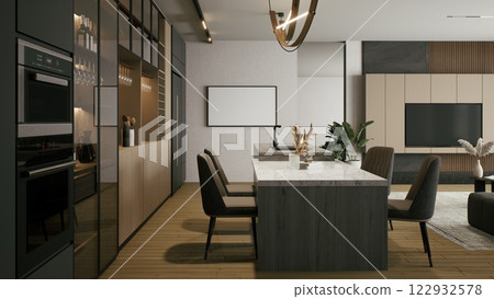 A modern kitchen and dining area featuring sleek cabinetry, a large island, stylish chairs, and elegant lighting, creating a warm and inviting atmosphere. 3d rendering. A modern kitchen and dining area featuring sleek cabinetry, a large island, stylish chairs, and elegant lighting, creating a warm and inviting atmosphere. 3d rendering. 122932578