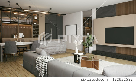 A modern living room featuring a sleek design, comfortable seating, a stylish coffee table, and a cozy dining area, all with warm wood tones and minimalist decor. 3d rendering. A modern living room featuring a sleek design, comfortable seating, a stylish coffee table, and a cozy dining area, all with warm wood tones and minimalist decor. 3d rendering. 122932582