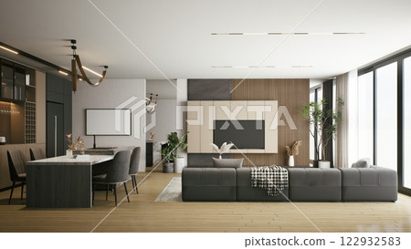 A modern, open-concept living space featuring a sleek sofa, dining area, and large windows, with a blend of natural wood and contemporary design elements. 3d rendering. A modern, open-concept living space featuring a sleek sofa, dining area, and large windows, with a blend of natural wood and contemporary design elements. 3d rendering. 122932583
