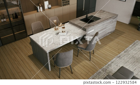 A modern kitchen featuring a sleek marble dining table, stylish chairs, and elegant decor, set against a backdrop of wooden flooring and contemporary cabinetry. 3d rendering. A modern kitchen featuring a sleek marble dining table, stylish chairs, and elegant decor, set against a backdrop of wooden flooring and contemporary cabinetry. 3d rendering. 122932584