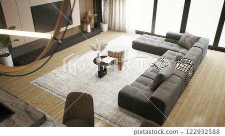 A modern living room featuring a sectional sofa, minimalist decor, a coffee table, and large windows that allow ample natural light. 3d rendering. A modern living room featuring a sectional sofa, minimalist decor, a coffee table, and large windows that allow ample natural light. 3d rendering. 122932588
