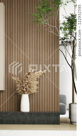 A modern interior featuring a textured wooden wall, minimalist decor, a white vase with dried flowers, and a hint of greenery. 3d rendering. 122932595