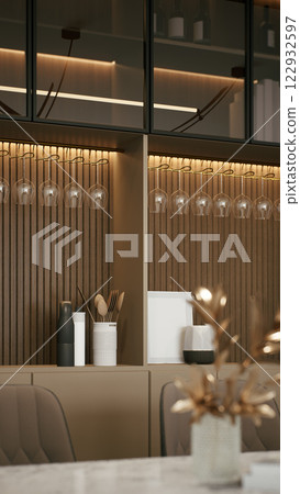 A modern kitchen space with soft lighting, elegant decor, and stylish glassware displayed on a sleek shelving unit. 3d rendering. A modern kitchen space with soft lighting, elegant decor, and stylish glassware displayed on a sleek shelving unit. 3d rendering. 122932597