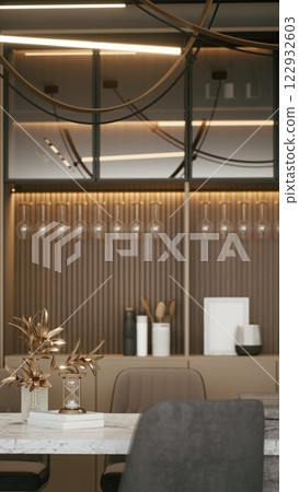 A modern interior featuring stylish decor, soft lighting, and a minimalist design, creating an elegant and inviting atmosphere. 3d rendering. 122932603