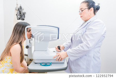 Optometrist checking the eyesight of a patient with an autorefractor. Oculist doing eye exam to female patient Optometrist checking the eyesight of a patient with an autorefractor. Oculist doing eye exam to female patient 122932794