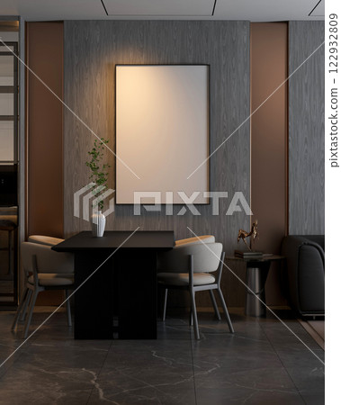 A modern dining area featuring a sleek table and stylish chairs, accented by a blank wall frame, natural decor, and a minimalist aesthetic. 3d rendering room interior. A modern dining area featuring a sleek table and stylish chairs, accented by a blank wall frame, natural decor, and a minimalist aesthetic. 3d rendering room interior. 122932809