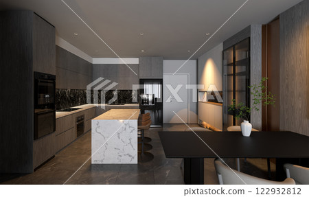 A modern kitchen featuring sleek cabinetry, a marble island, and stylish decor, blending functionality with contemporary design elements. 3d rendering room interior. A modern kitchen featuring sleek cabinetry, a marble island, and stylish decor, blending functionality with contemporary design elements. 3d rendering room interior. 122932812