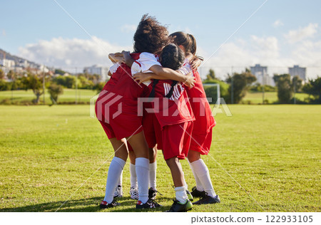 Children, football team and huddle of sports group together on soccer field for celebration of goal, winning and teamwork during a competition match outdoors. Youth, kids or girls before a tournament Children, football team and huddle of sports group together on soccer field for celebration of goal, winning and teamwork during a competition match outdoors. Youth, kids or girls before a tournament 122933105