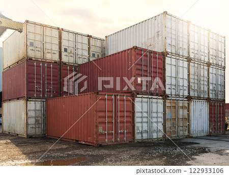 Container, shipping and logistics cargo storage on a port for international and global freight transport. Ecommerce stock, delivery service or trade of commercial distribution at outdoor supply chain 122933106