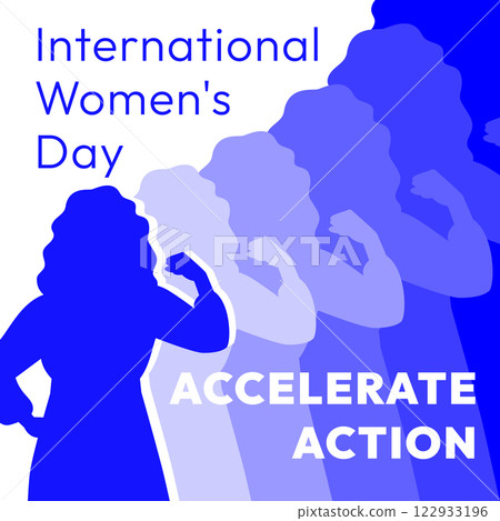 International Women's Day 2025 banner. Accelerate Action campaign pose. Woman in silhouette demonstrates strength gesture with arm to show solidarity and support for women's rights and gender equality 122933196