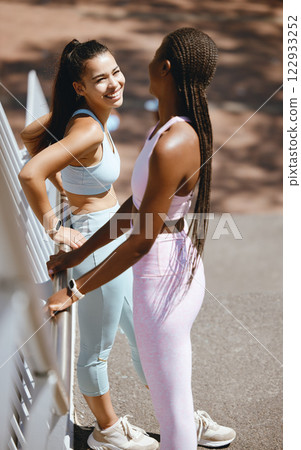 Fitness, running workout and friends training together in the city of New Zealand for body health. Portrait of african runner and black woman doing outdoor exercise for health and wellness in street Fitness, running workout and friends training together in the city of New Zealand for body health. Portrait of african runner and black woman doing outdoor exercise for health and wellness in street 122933252