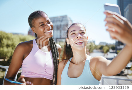 Fitness, woman and friends for phone selfie in exercise, training or workout together outside in the city. Active female in friendship smile for fun cardio or sports photo with mobile smartphone Fitness, woman and friends for phone selfie in exercise, training or workout together outside in the city. Active female in friendship smile for fun cardio or sports photo with mobile smartphone 122933339