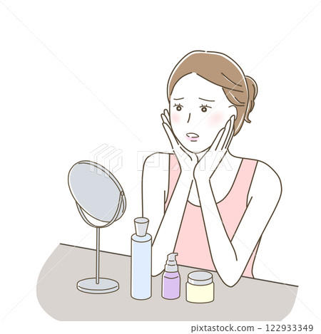 A woman looking at the mirror with skin problems A woman looking at the mirror with skin problems 122933349