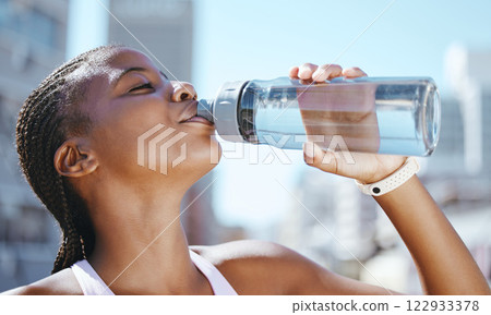 Water bottle, fitness and black woman outside in city for exercise, training and a run for, health wellness and hydration during a workout. Fit athlete female feeling thirsty and drinking pure drink Water bottle, fitness and black woman outside in city for exercise, training and a run for, health wellness and hydration during a workout. Fit athlete female feeling thirsty and drinking pure drink 122933378