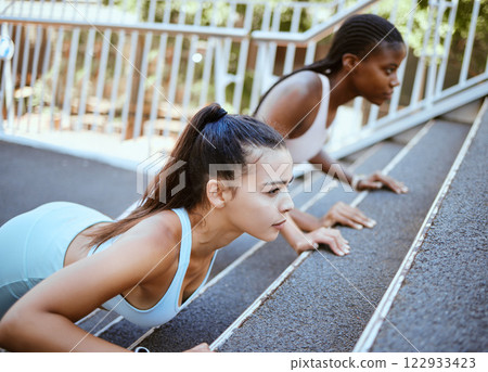 Push ups, personal trainer and women workout on bridge for outdoor training or accountability. Wellness, fitness and strong athlete people exercise together for healthy lifestyle goal and support Push ups, personal trainer and women workout on bridge for outdoor training or accountability. Wellness, fitness and strong athlete people exercise together for healthy lifestyle goal and support 122933423