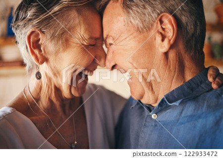Happy senior couple, laughing and forehead faces in joyful happiness and love for relationship together at home. Closeup of elderly man and woman laugh and smile in funny, loving and touching moment 122933472