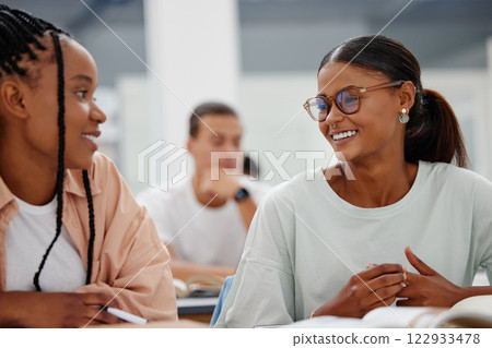 University girl students in classroom teamwork in education, learning and school scholarship discussion. Studying college women and friendship conversation, communication and collaboration together University girl students in classroom teamwork in education, learning and school scholarship discussion. Studying college women and friendship conversation, communication and collaboration together 122933478