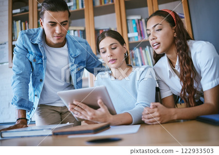 University student friends, tablet research and library studying, learning and education in college together. Young people, campus study group and digital project planning, ideas and online knowledge University student friends, tablet research and library studying, learning and education in college together. Young people, campus study group and digital project planning, ideas and online knowledge 122933503