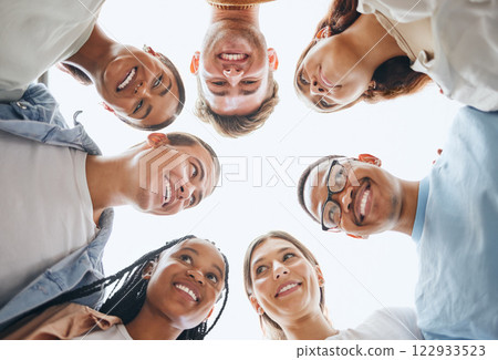 Teamwork, community and diversity with people from bottom for support, mission and vision mindset. Collaboration, team building and networking with circle of young friends for goals, growth and trust 122933523