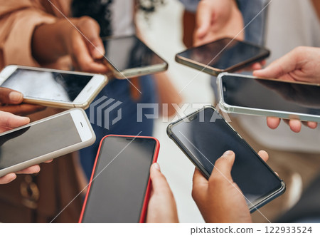 People group hands, phone screen and social media mobile apps, typing and digital iot connection together. Closeup social network, internet website and 5g smartphone cloud computing technology online 122933524