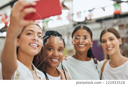 Happy group phone selfie, friends or teamwork with business people for team building or social media post. 5g network, smartphone and workshop meeting collaboration or support with smile outdoors. 122933528