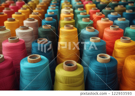 Bunch of colorful yarns are displayed in row. Colors are bright and vibrant, creating cheerful and lively atmosphere 122933593