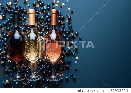 Creative wine bottles glass with blue background and lot of glitter 122933594