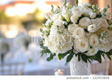 White flower arrangement in glass vase on wedding table 122933608