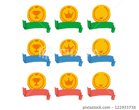 A simple and pop illustration set of a gold medal and a horizontal roll ribbon 122933738