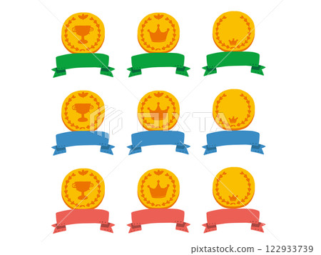A simple and pop illustration set of a gold medal and a horizontal ribbon 122933739