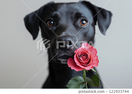 一隻黑色拉布拉多犬和一朵粉紅玫瑰的畫像 122933744