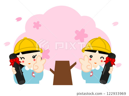 Kindergarteners holding their diplomas in front of cherry blossoms Kindergarteners holding their diplomas in front of cherry blossoms 122933969