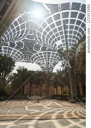 Dubai, UAE - September 30, 2024 EXPO CITY DUBAI Solar panels and tall structures in the form of open mushrooms. Editorial 122933986