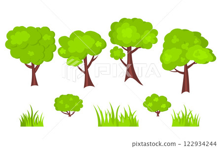 Set of trees, grass and bushes Set of trees, grass and bushes 122934244