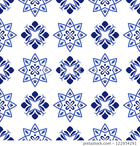 Azulejos portuguese traditional ornamental tile, blue and white seamless pattern 122934291
