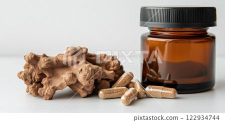 Yohimbe bark and herbal capsules in brown glass jar, showcasing natural health 122934744