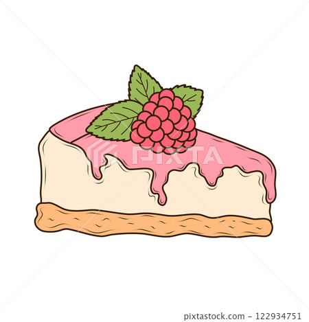 Appetizing cheesecake with pink glaze and sweet raspberry on top. Vector illustration in cartoon style on white background. Tasty, cute dessert and sweet pastry for menu, cafe, recipes, bakery Appetizing cheesecake with pink glaze and sweet raspberry on top. Vector illustration in cartoon style on white background. Tasty, cute dessert and sweet pastry for menu, cafe, recipes, bakery 122934751