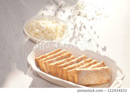 Home made soy cookies or okara cookies on white cloth. Healthy food. Home made soy cookies or okara cookies on white cloth. Healthy food. 122934833